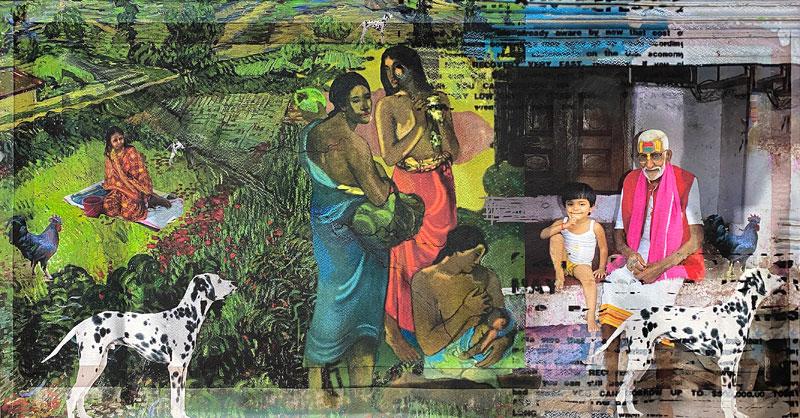 malgudi days artwork showing villagers and dogs