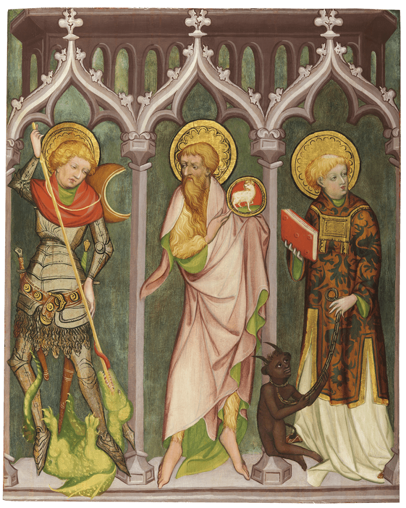 An oil painting by Nikolaus Kentner depicting Saints George, John the Baptist and Cyriacus. 