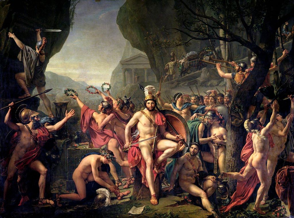Jacques-Louis David's famous oil painting which depicts Leonidas surrounded by other spartan men during the battle of thermopylae.