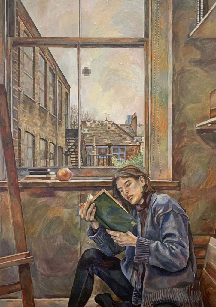 The painting of a girl reading a book by the window